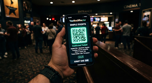 Smartphone displaying a QR ticket confirmation in a theater lobby.
