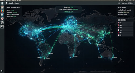 Global network map with glowing connection lines on a dark background